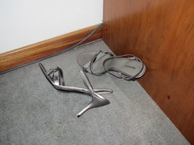 her silver strappy office sandals